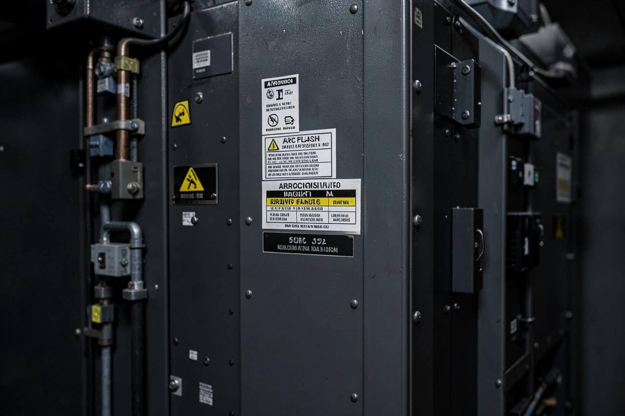 Painel elétrico industrial com sinalização de risco de arco elétrico (imagem ilustrativa)