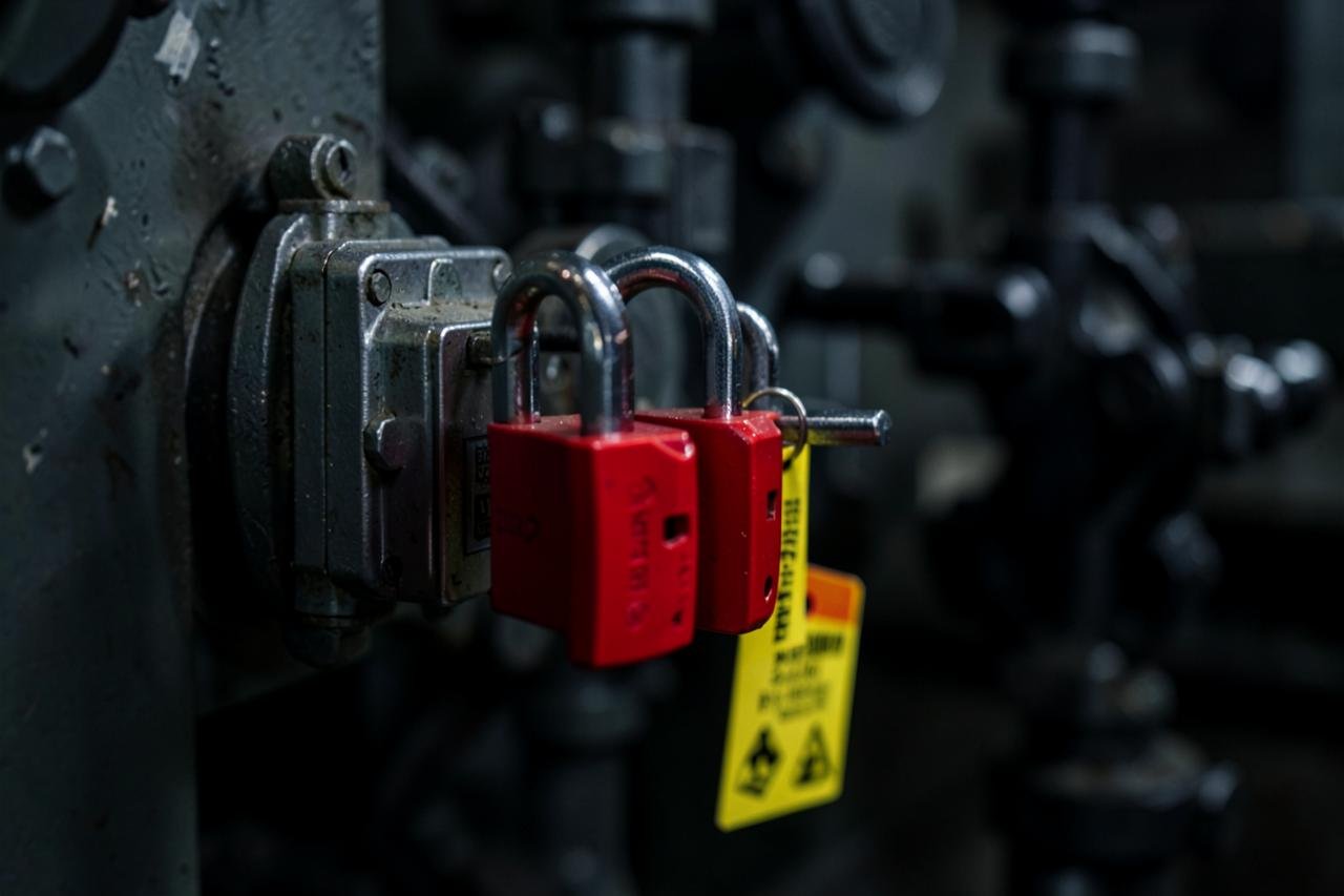 Cadeados vermelhos de bloqueio instalados em dispositivo de seccionamento industrial (imagem ilustrativa)