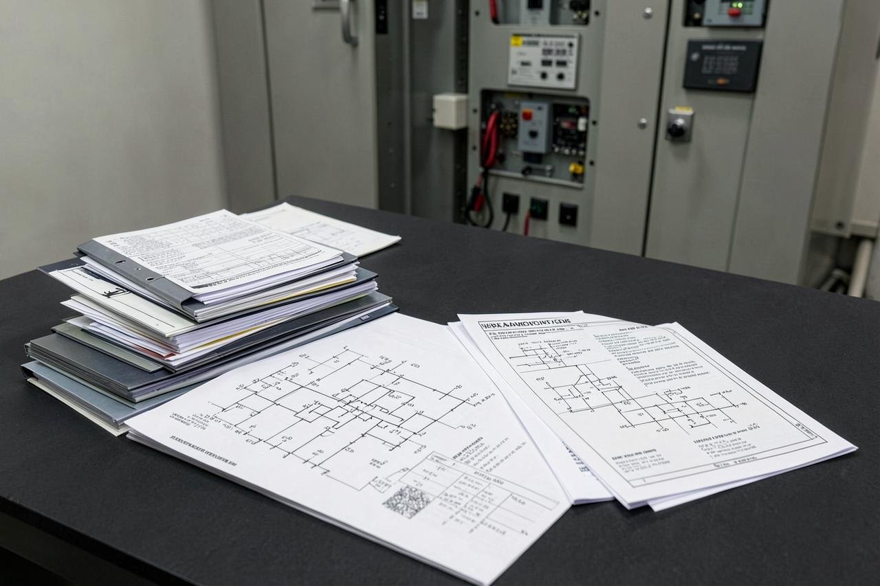 Documentação técnica de instalações elétricas organizada junto a painel elétrico (imagem ilustrativa)
