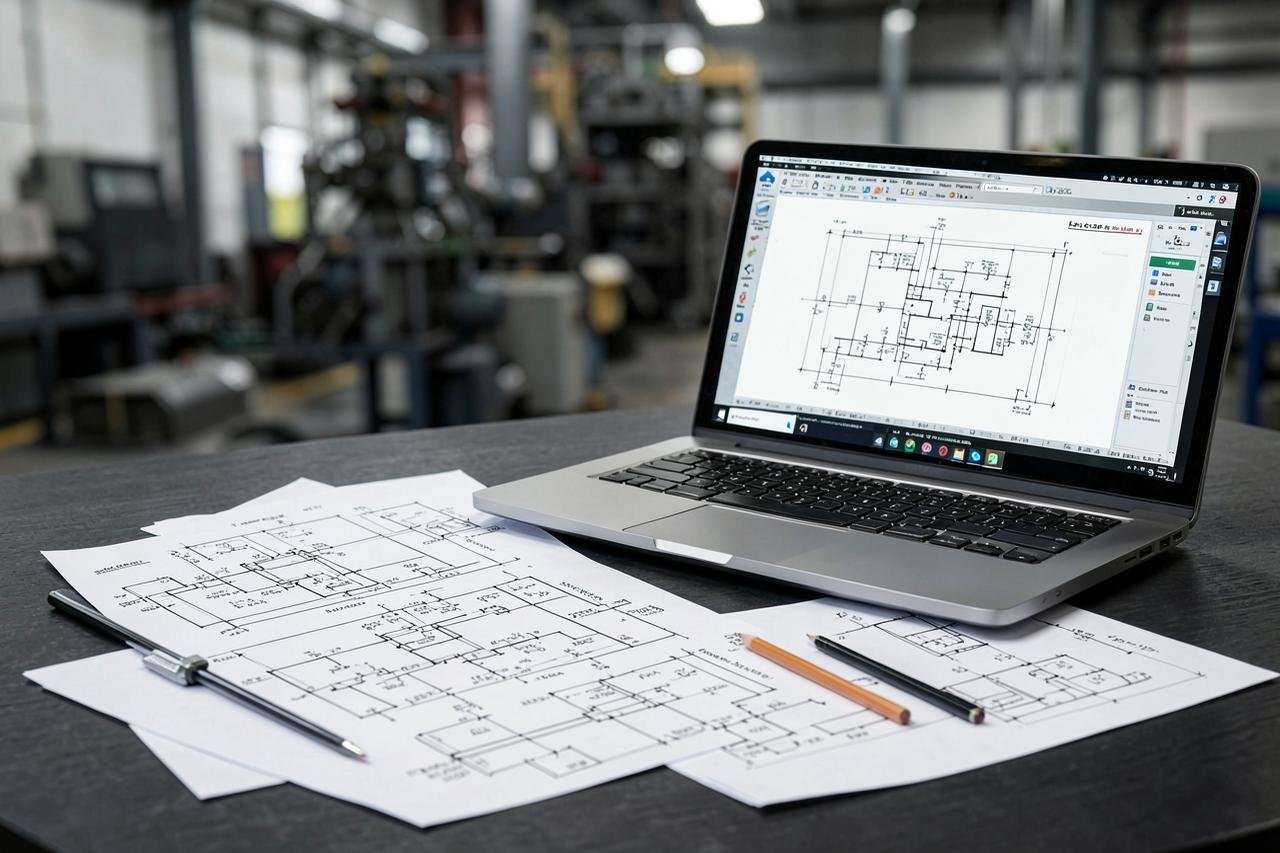 Projeto elétrico e diagramas técnicos em ambiente de engenharia industrial (imagem ilustrativa)